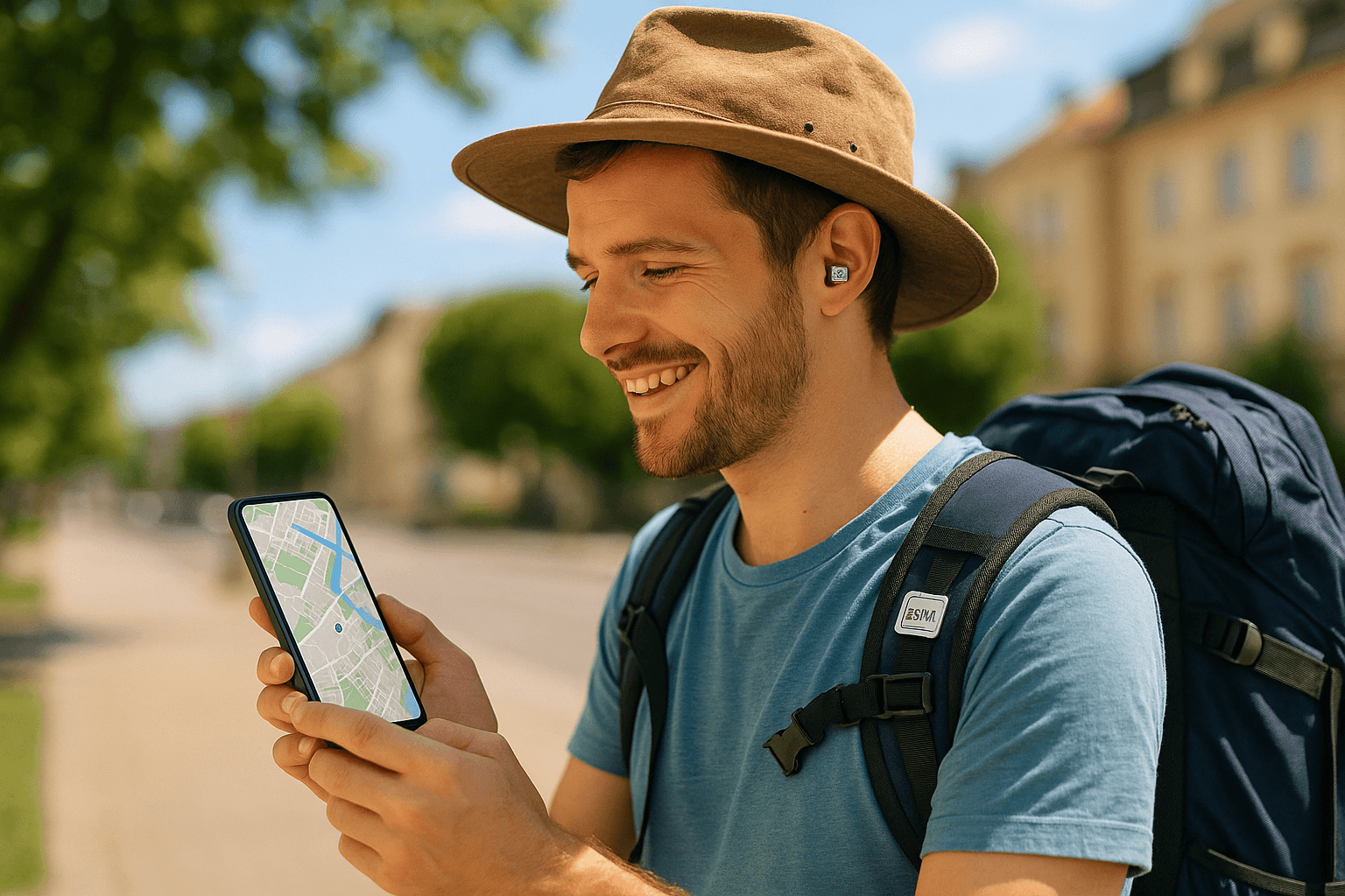 Traveler using maps on mobile with eSIM