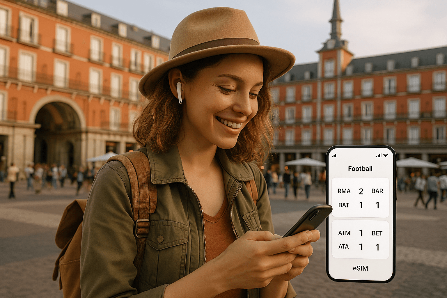 Traveler checking football scores in Madrid with eSIM