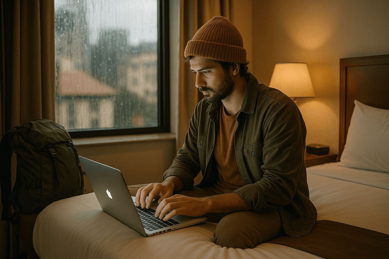 Traveler sitting in a hotel room during a rainstorm, using a laptop connected through eSIM data. Cozy indoor setting with natural light.