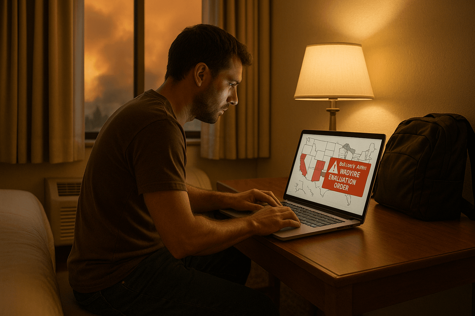 Traveler inside a hotel room during wildfire season, using a laptop with a map and emergency alerts on screen. Focused, practical atmosphere with indoor lighting.