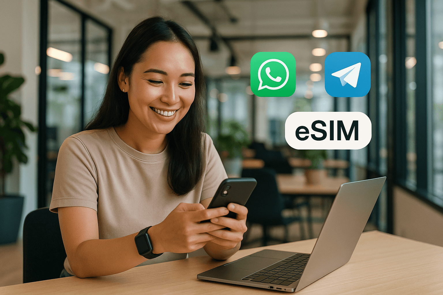 Digital nomad working remotely in a coworking space abroad, smiling while using WhatsApp and Telegram through an eSIM connection. Bright, secure, and professional mood.