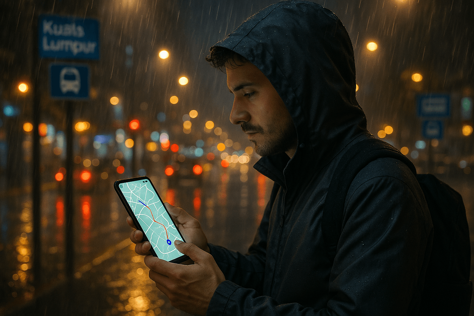 Traveler rerouting on a mobile map app during heavy rain in Kuala Lumpur, illuminated streets, and public transport signs in view. Calm but focused atmosphere.