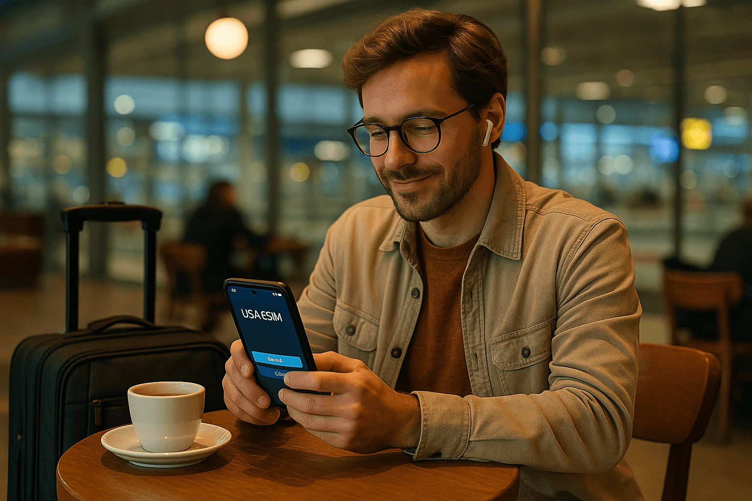 Traveler sitting at an airport café setting up a USA eSIM on their smartphone, relaxed atmosphere, warm indoor light.