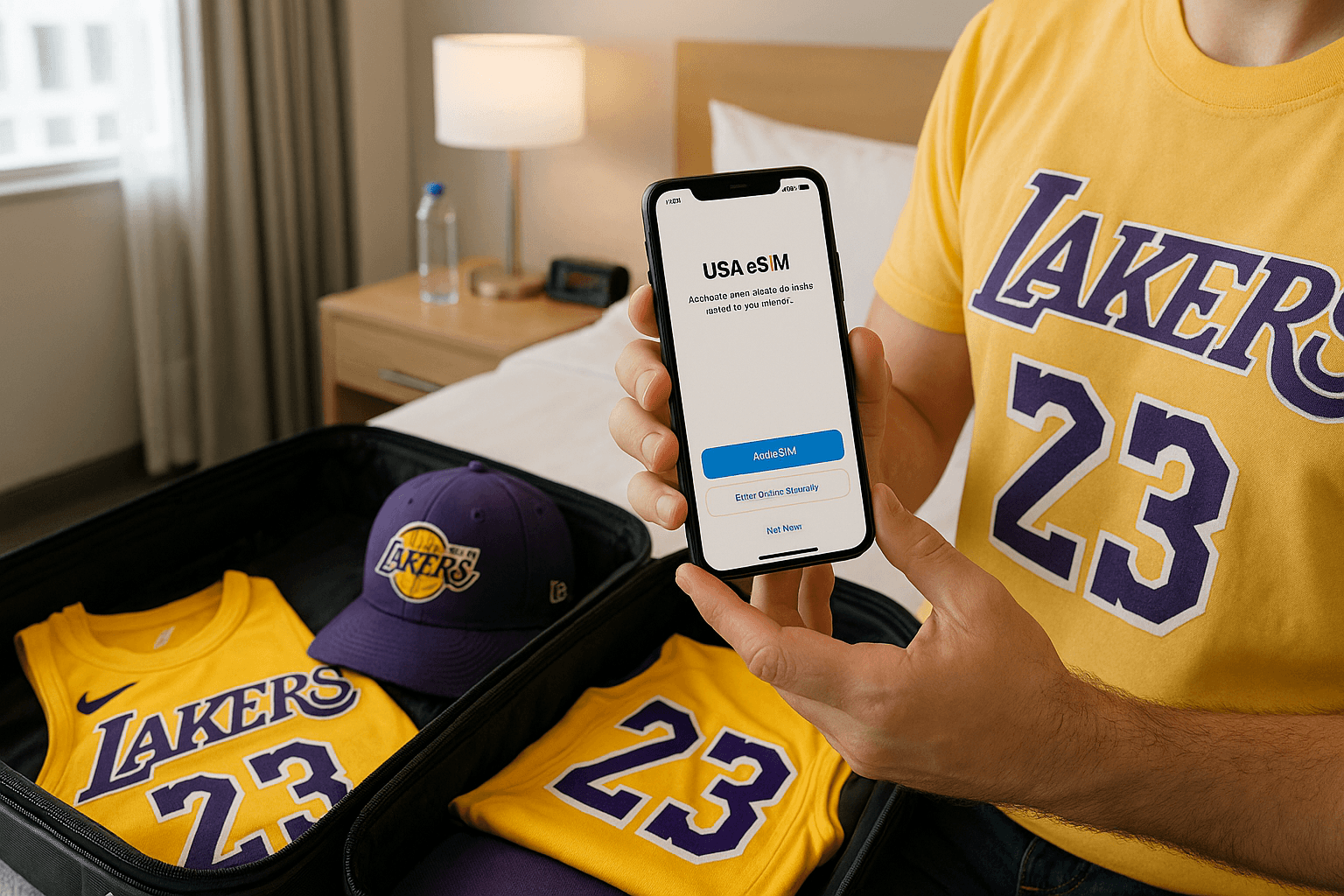 Fan in a hotel room setting up a USA eSIM on a smartphone while packing Lakers gear for game day, bright light and modern travel vibe.