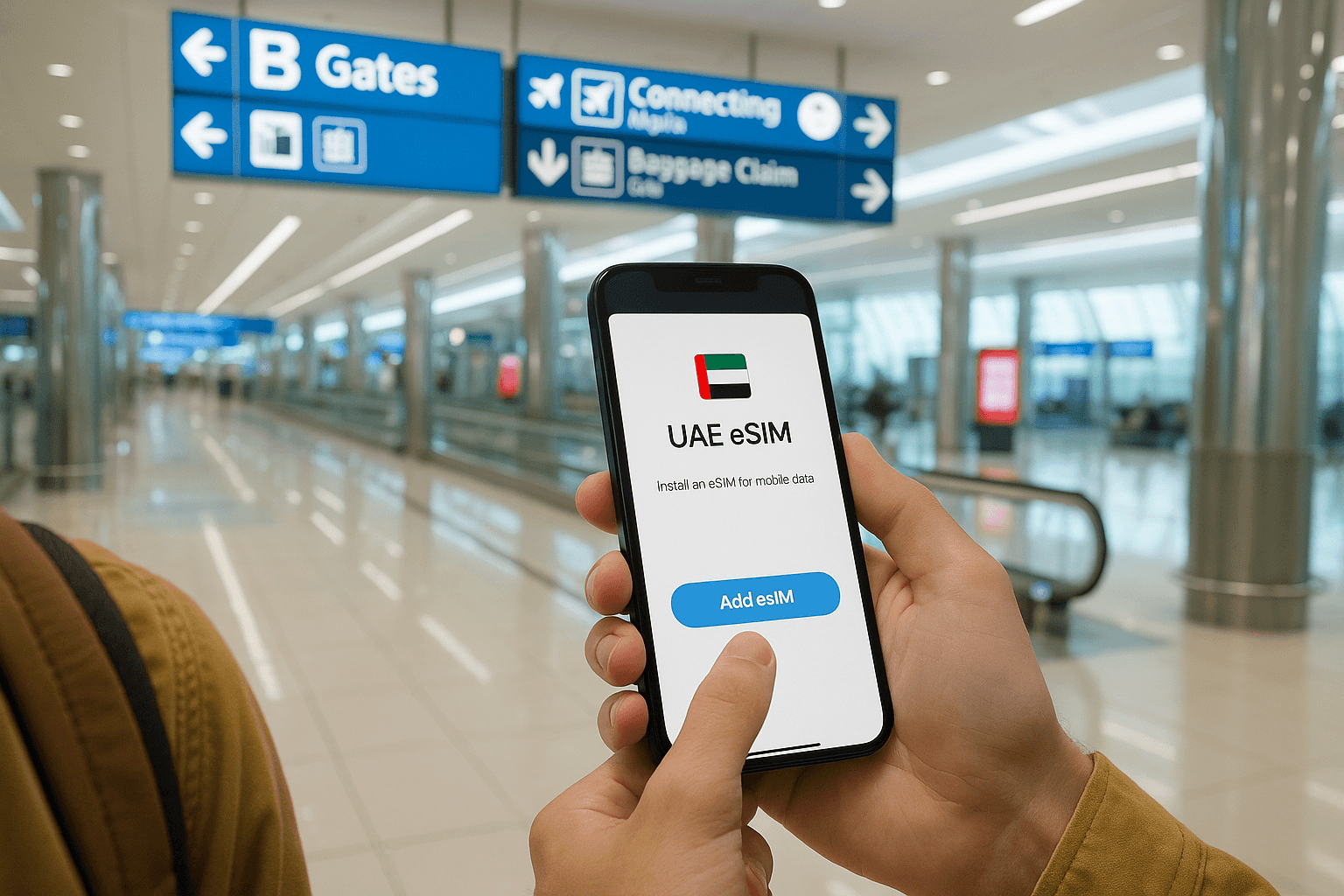 Traveler setting up a UAE eSIM on a smartphone inside Dubai International Airport, ready to navigate the city. Bright indoor scene with a modern, clean look.