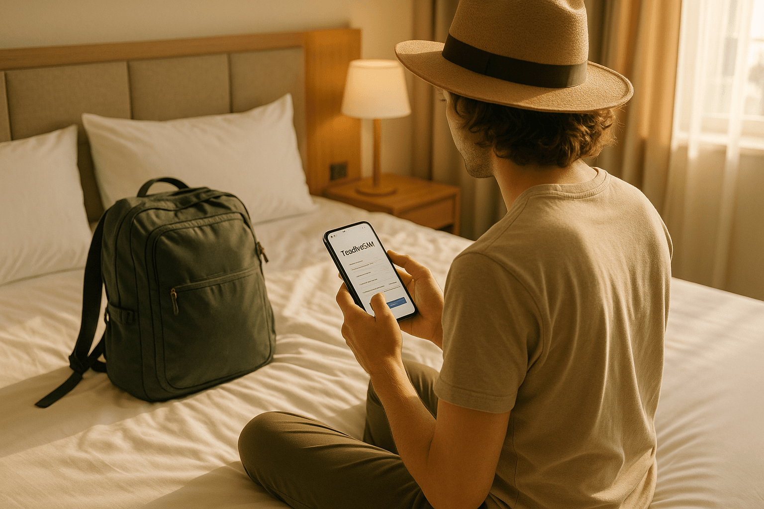 Traveler sitting on a hotel bed setting up a travel eSIM on their smartphone. Morning light and relaxed travel atmosphere.