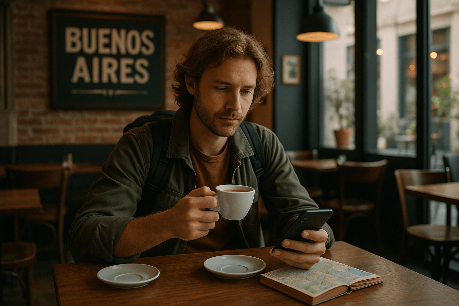 Traveler sitting in a Buenos Aires café setting up an eSIM on their smartphone while sipping coffee. Relaxed, modern atmosphere, travel and tech theme.