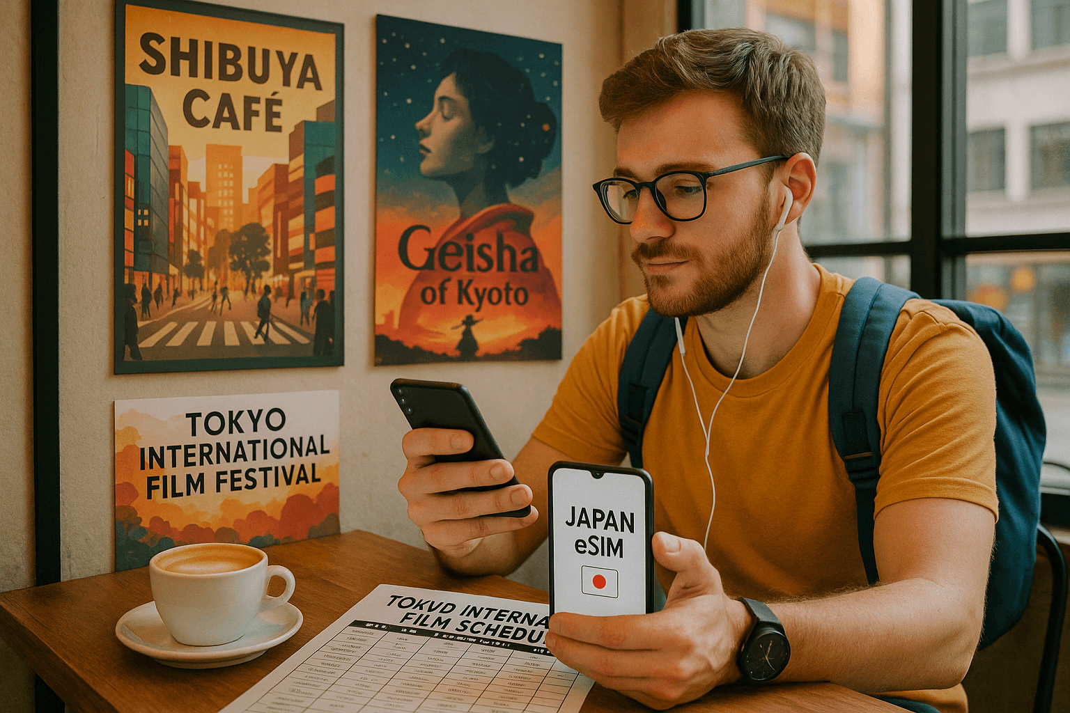 Traveler in a Shibuya café using a smartphone with a Japan eSIM while reviewing the Tokyo International Film Festival schedule. Bright, creative vibe with cinematic posters around.