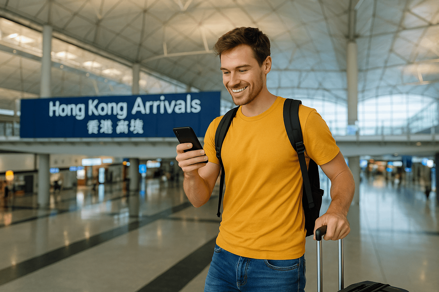Traveler at Hong Kong International Airport arrival hall using a phone to navigate with eSIM data. Modern design, energetic travel vibe, freedom of movement.