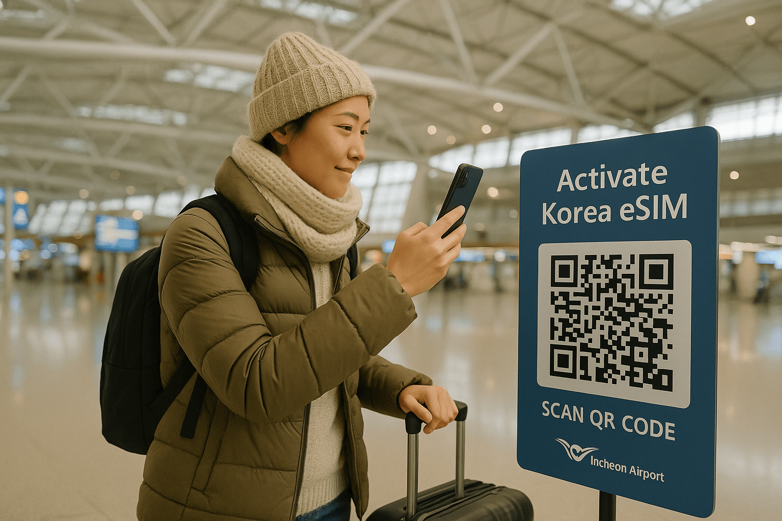 Traveler inside Incheon Airport scanning QR code to activate Korea eSIM on smartphone. Bright lighting, winter attire, feeling of arrival and readiness.