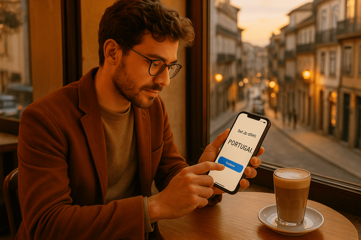 Traveler setting up Portugal eSIM on smartphone in Porto café. Warm lighting, latte on table, city streets visible through window.