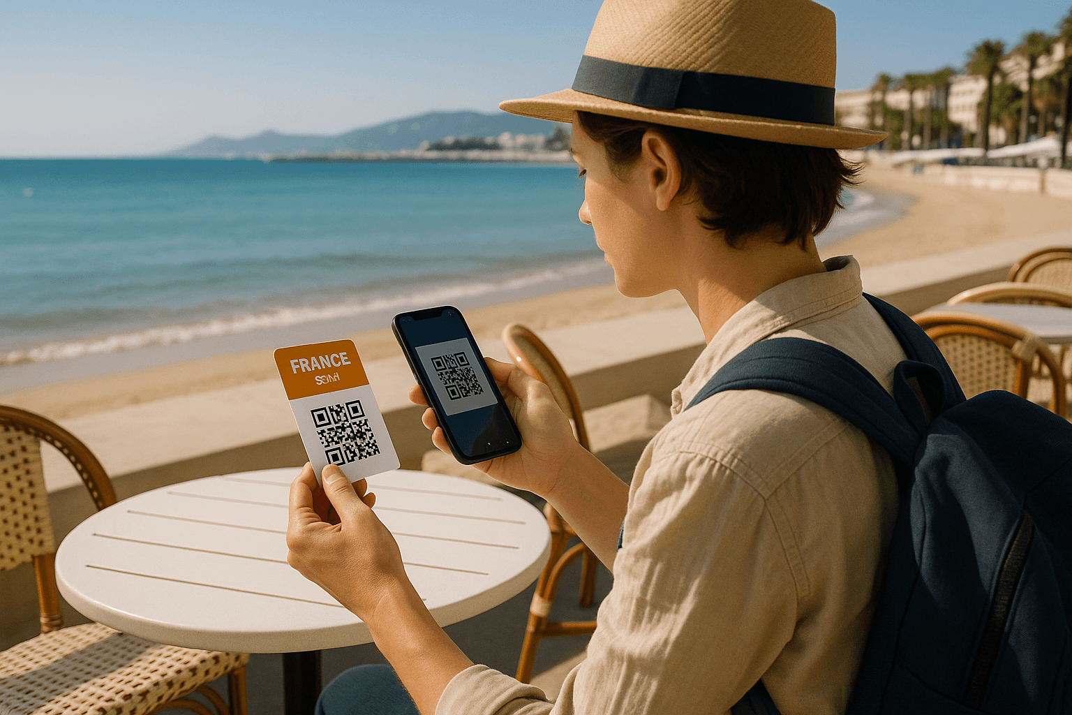 Traveler sitting at a Cannes beachfront café, scanning a QR code on their phone to activate their France eSIM. Bright sunlight, calm sea backdrop, focused travel mood.