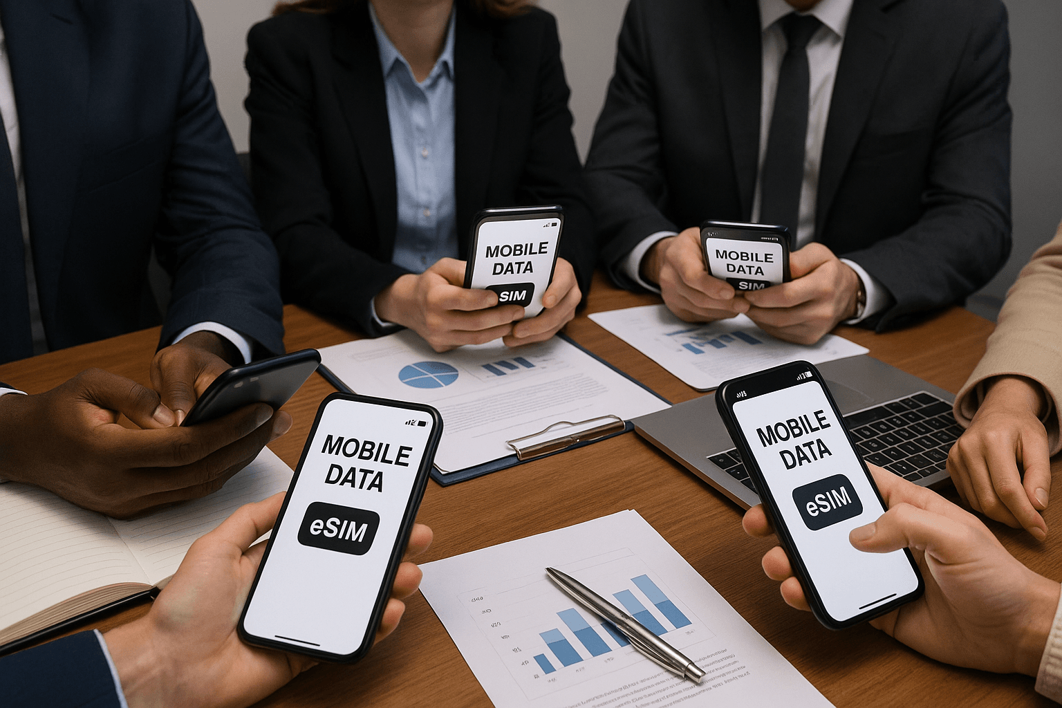 Business meeting with mobile devices in use