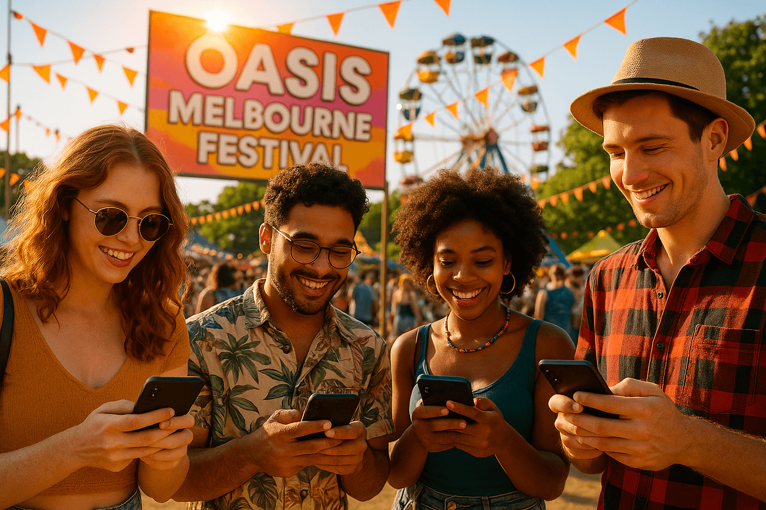 Festival goers using mobile phone at Oasis Melbourne