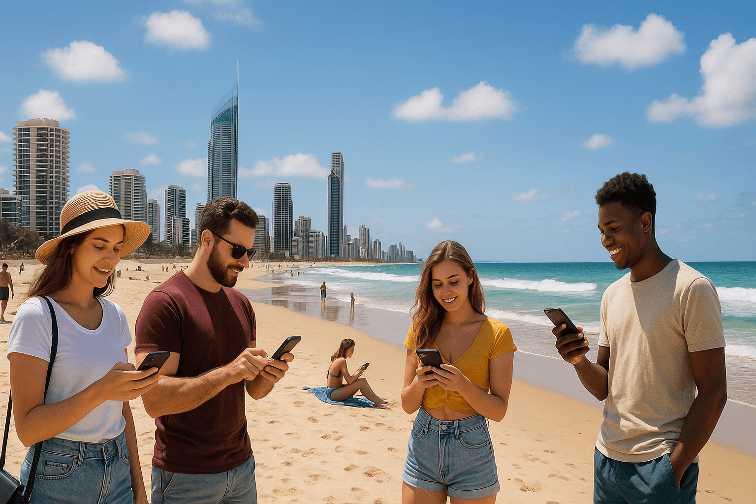 Surfers Paradise beach with mobile phones