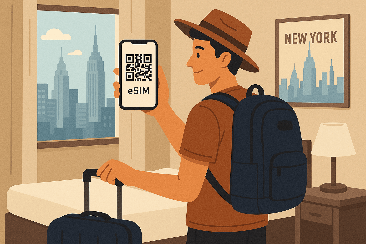 Illustration of a traveler scanning a QR code on a smartphone in a New York hotel room, symbolizing quick eSIM setup and instant connectivity.
