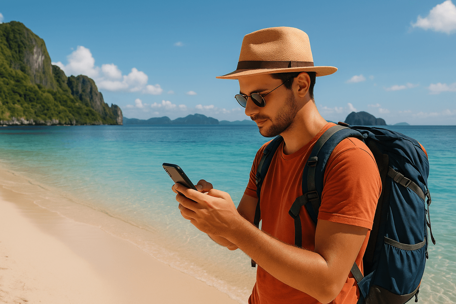 Photo of a traveler using a smartphone on a beach in Palawan, with bright sunlight and calm blue water — showing easy connectivity while traveling in the Philippines.