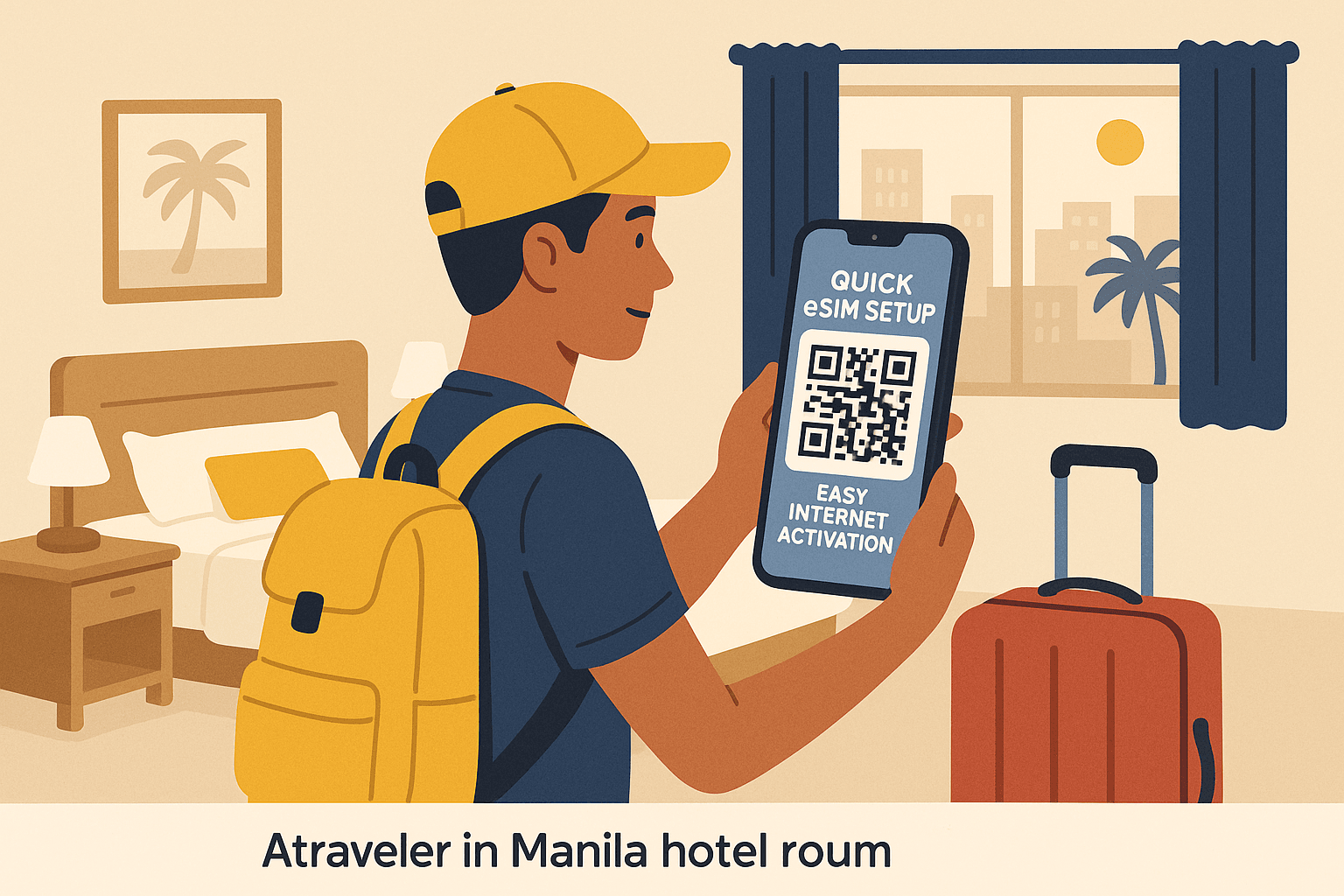 Illustration of a traveler scanning a QR code on a smartphone in a Manila hotel room, showing quick eSIM setup and easy internet activation.