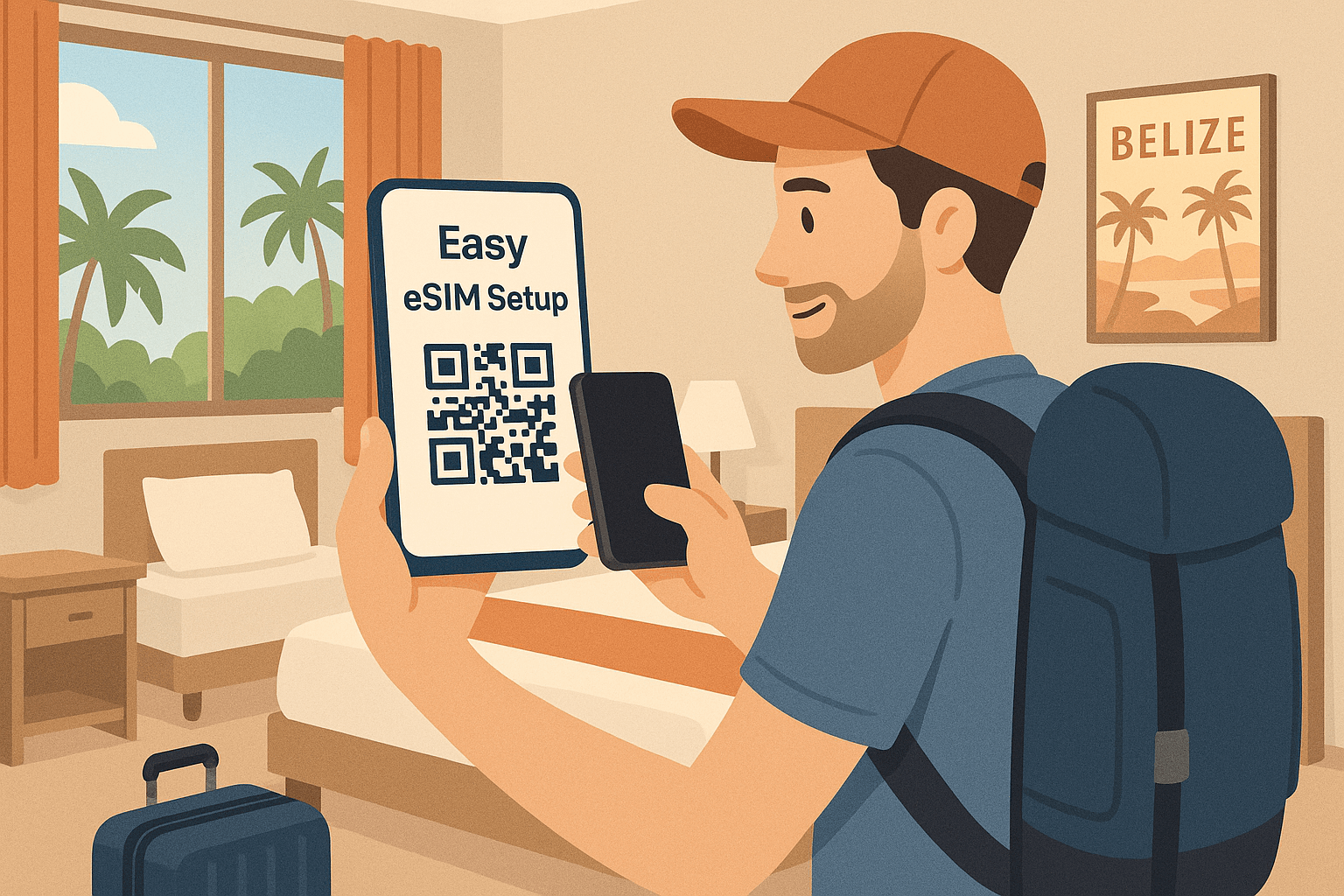 Illustration of a traveler scanning a QR code on a smartphone inside a Belize hotel room, showing easy eSIM setup and smooth activation process.