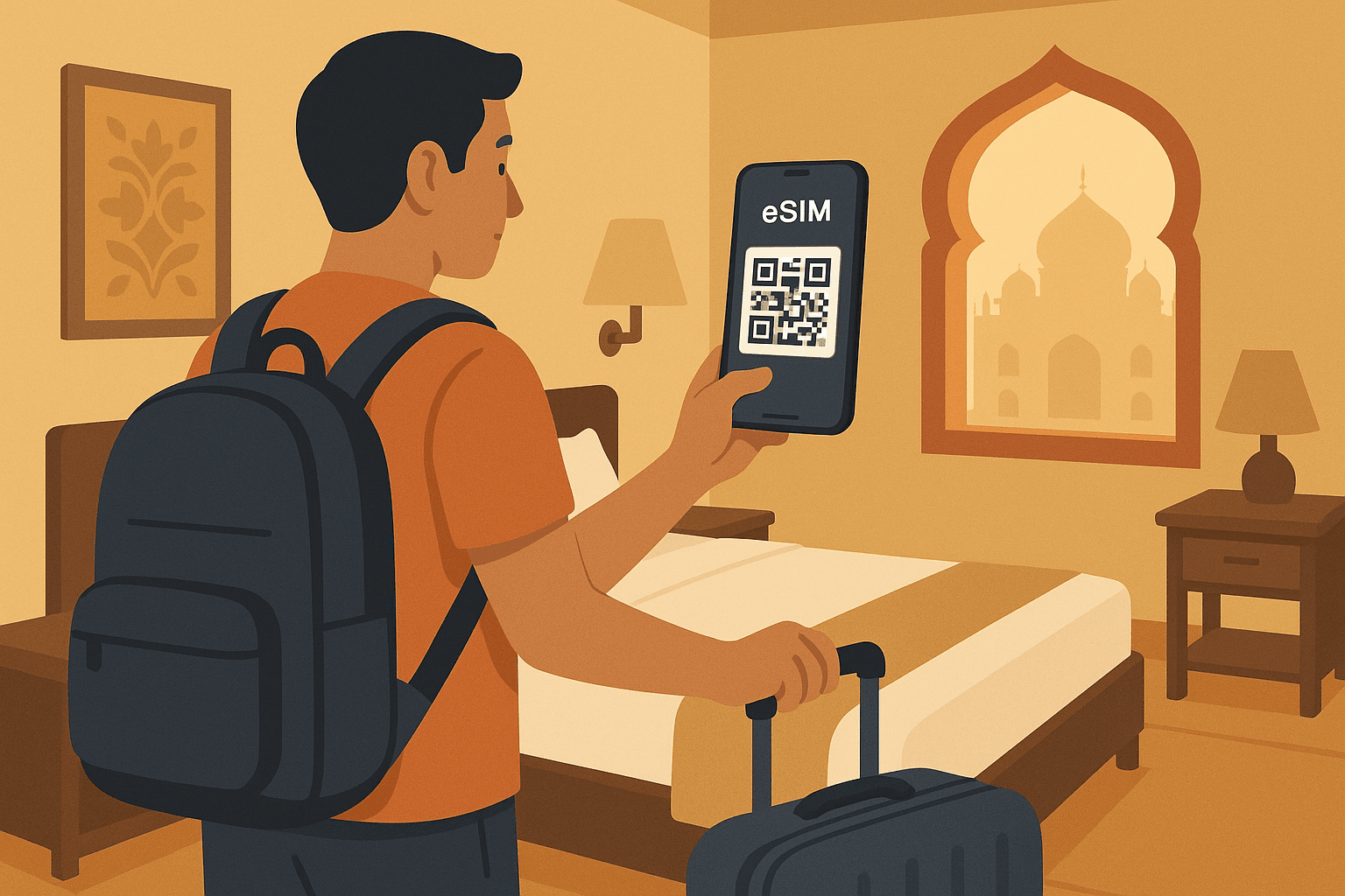 Illustration of a traveler scanning a QR code on a smartphone inside an Indian hotel room, representing easy eSIM activation and reliable internet access.