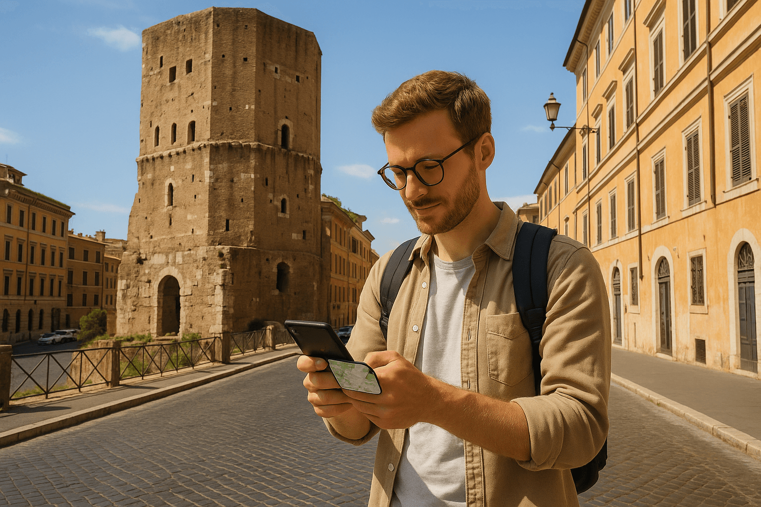 Image of a traveler standing near the Torre dei Conti with a smartphone in hand, using maps — sunny Roman streets highlighting reliable connectivity.