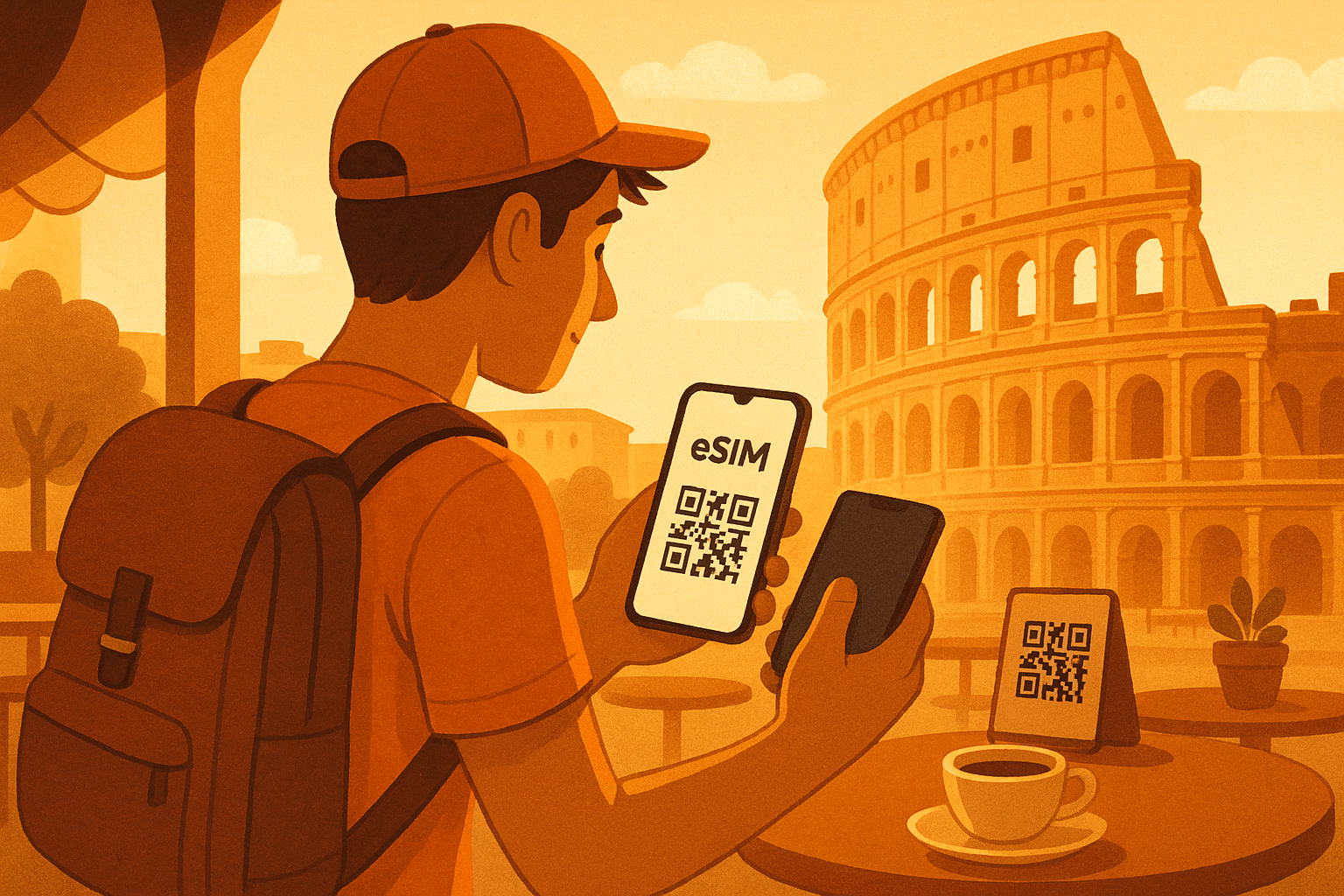 Illustration of a traveler scanning a QR code on a smartphone at a café near the Colosseum — warm lighting showing easy eSIM setup for Italy travel.