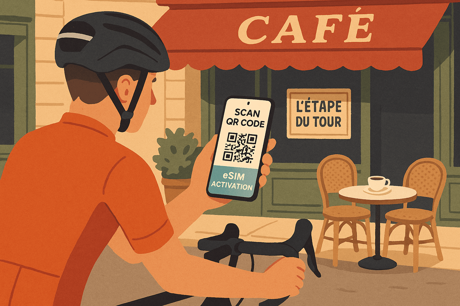 Illustration of a cyclist scanning a QR code on a smartphone at a French café before the Etape du Tour, showing quick and easy eSIM activation for travel.