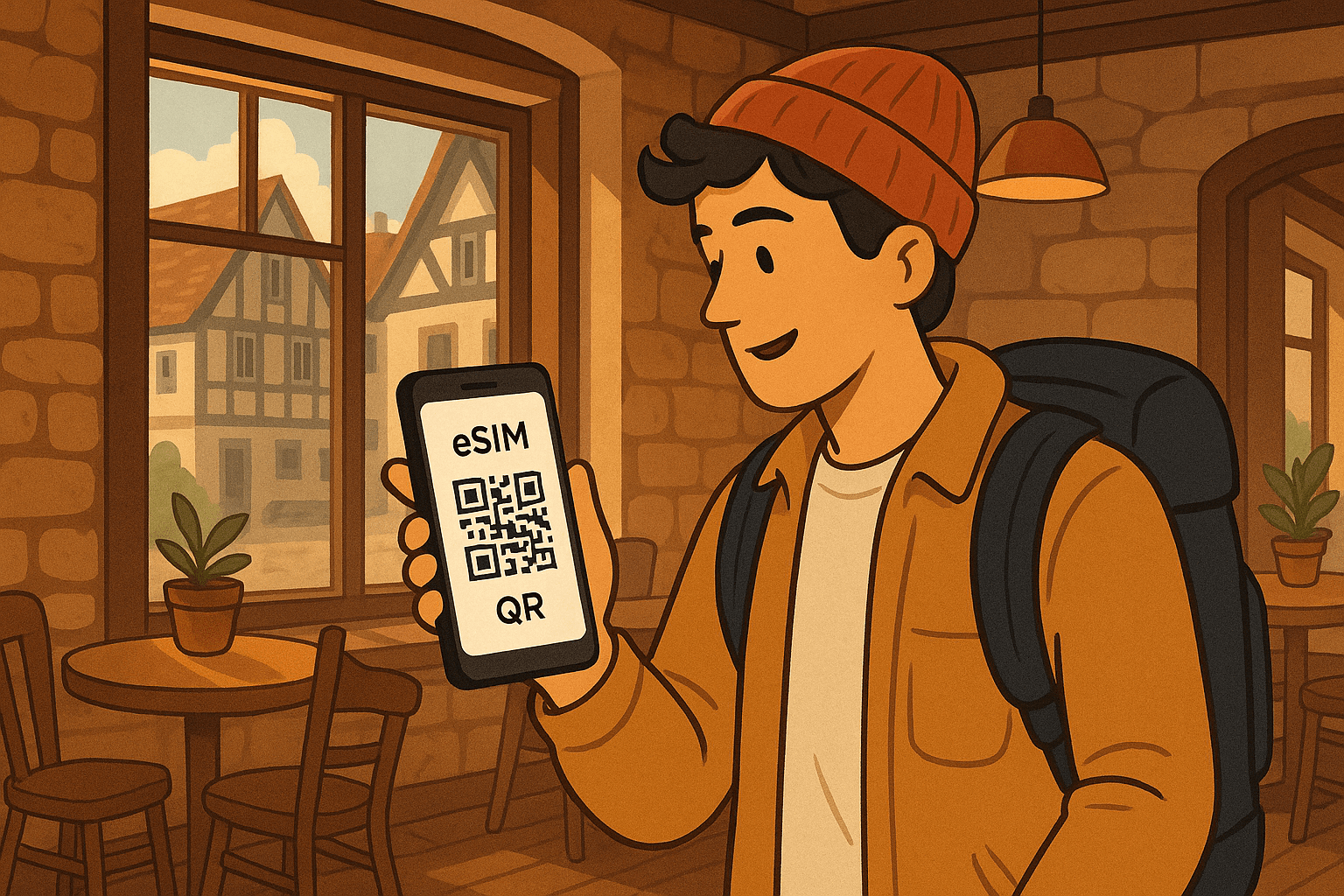 Image of a traveler in a Tbilisi café scanning a QR code on their smartphone — cozy interior with coffee and laptop, showing simple eSIM activation for Georgia travel.