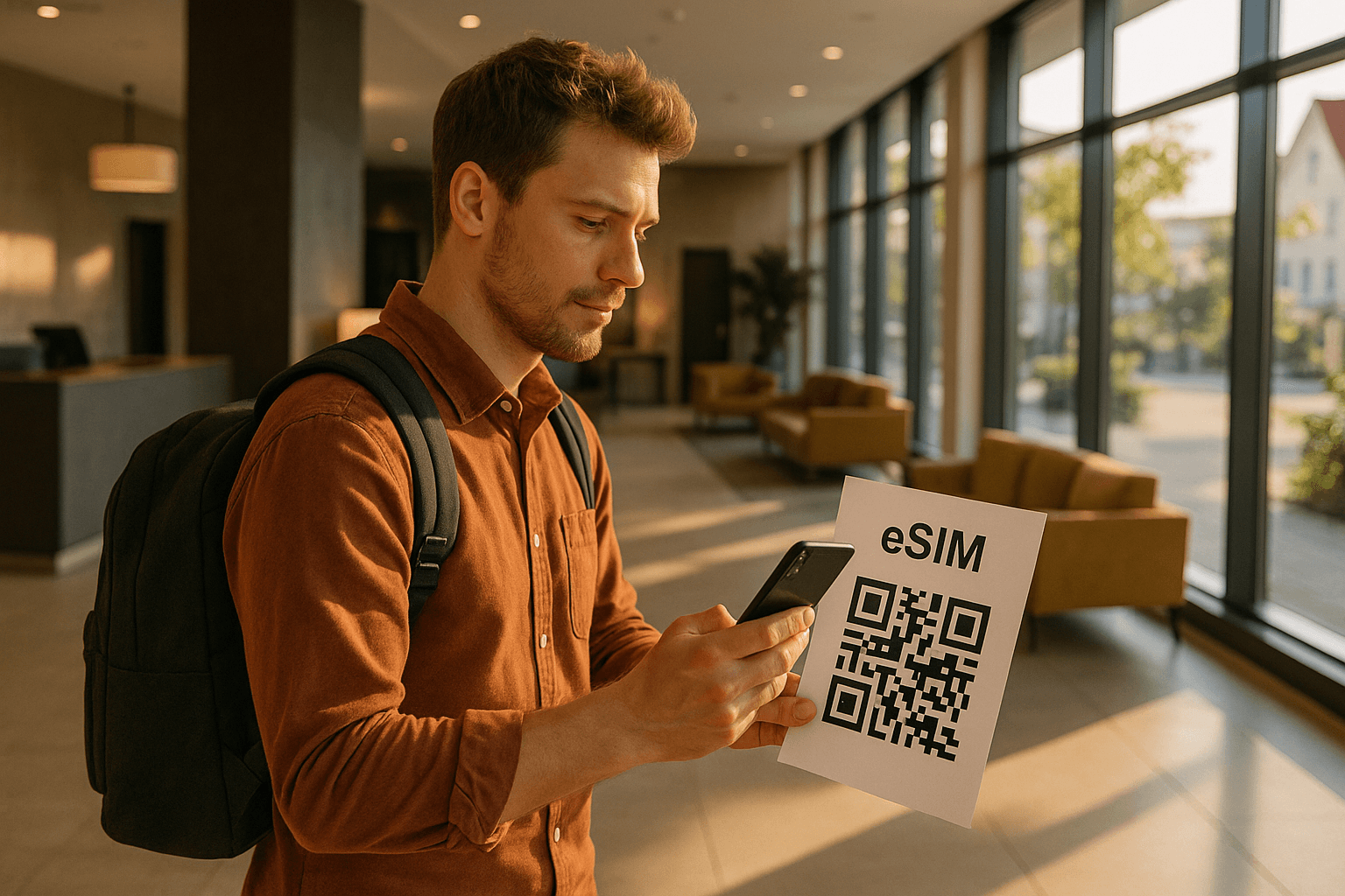 Traveler scanning QR code for eSIM