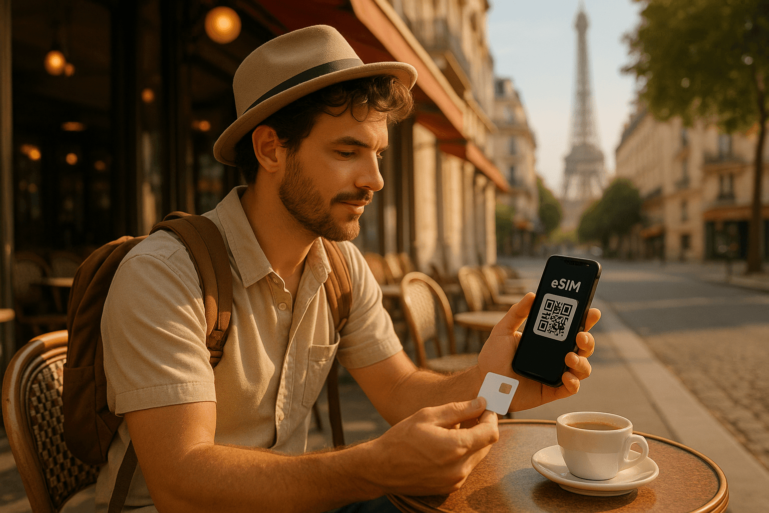 Traveler in Paris café scanning QR code