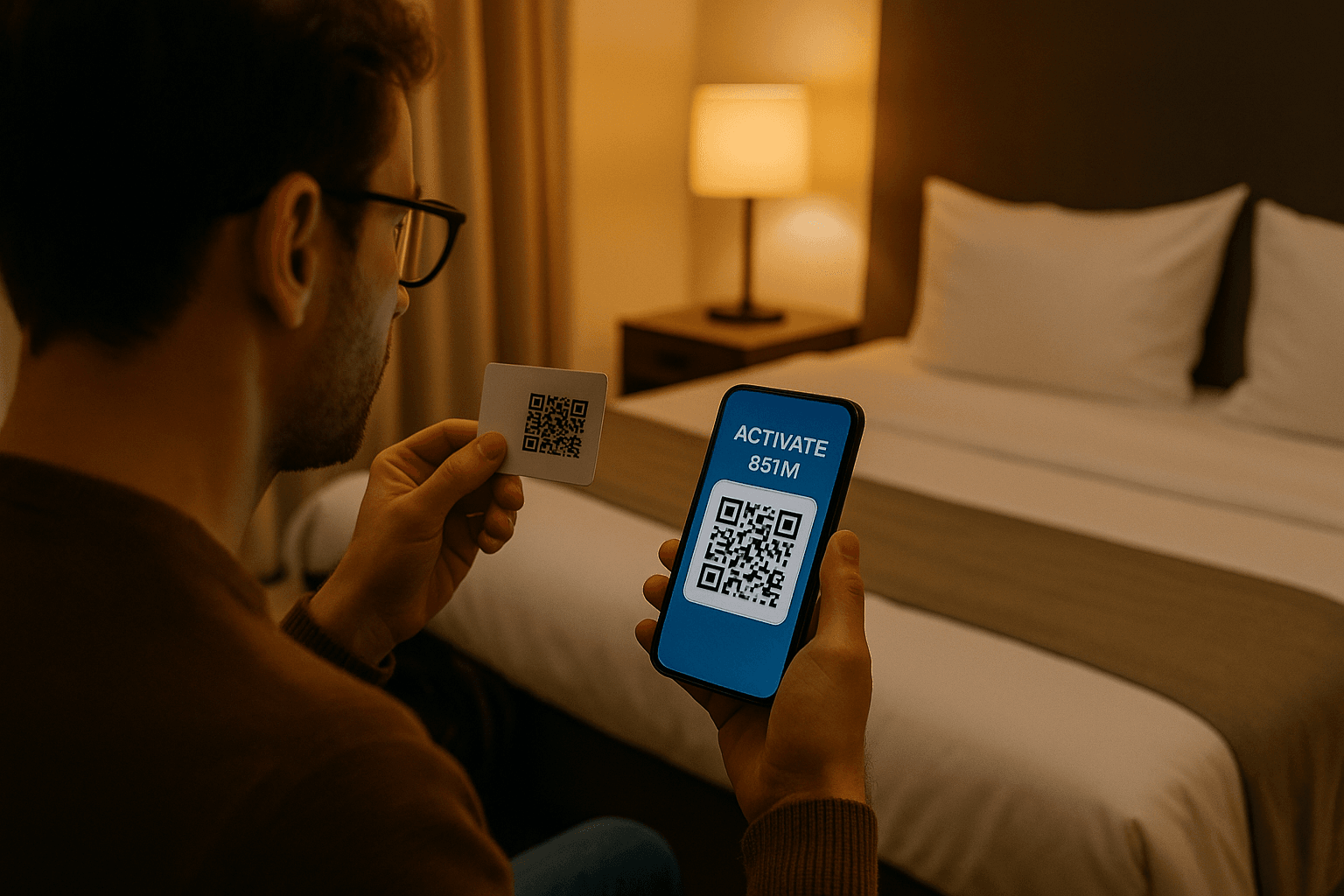 Traveler scanning a QR code to activate eSIM on smartphone