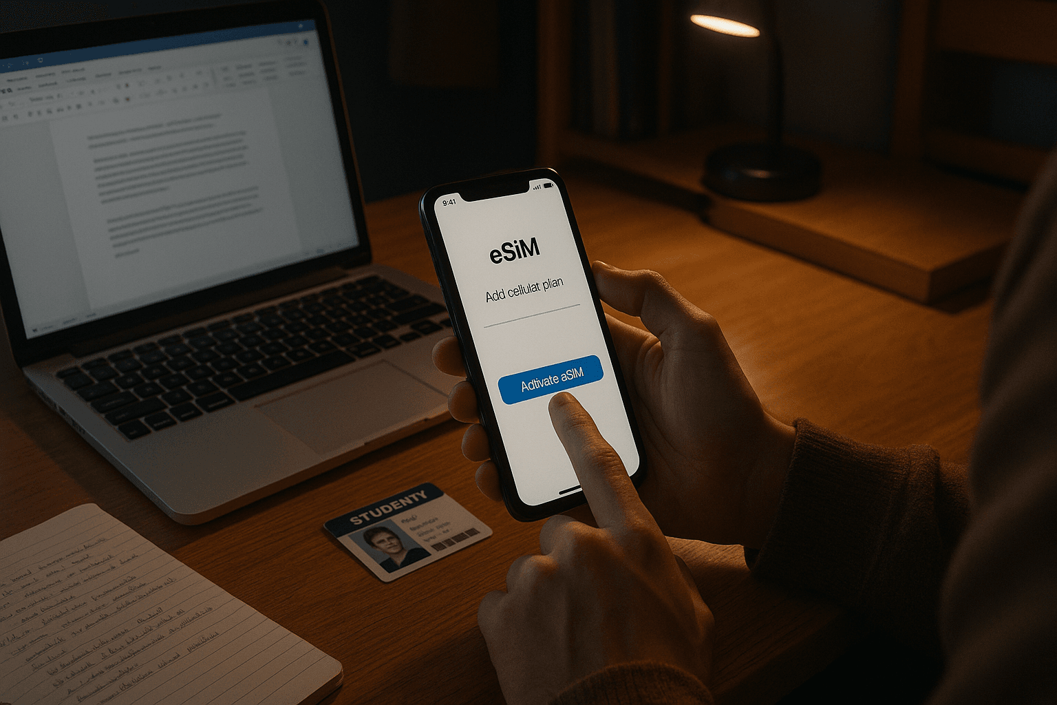Close-up of a student activating an eSIM on a smartphone