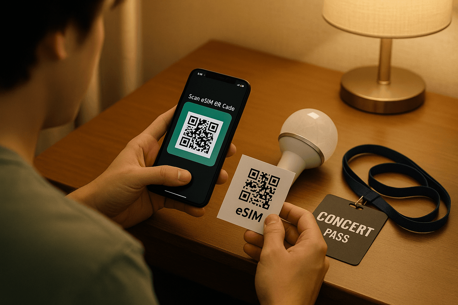 Close-up of a fan in a hotel room scanning an eSIM QR