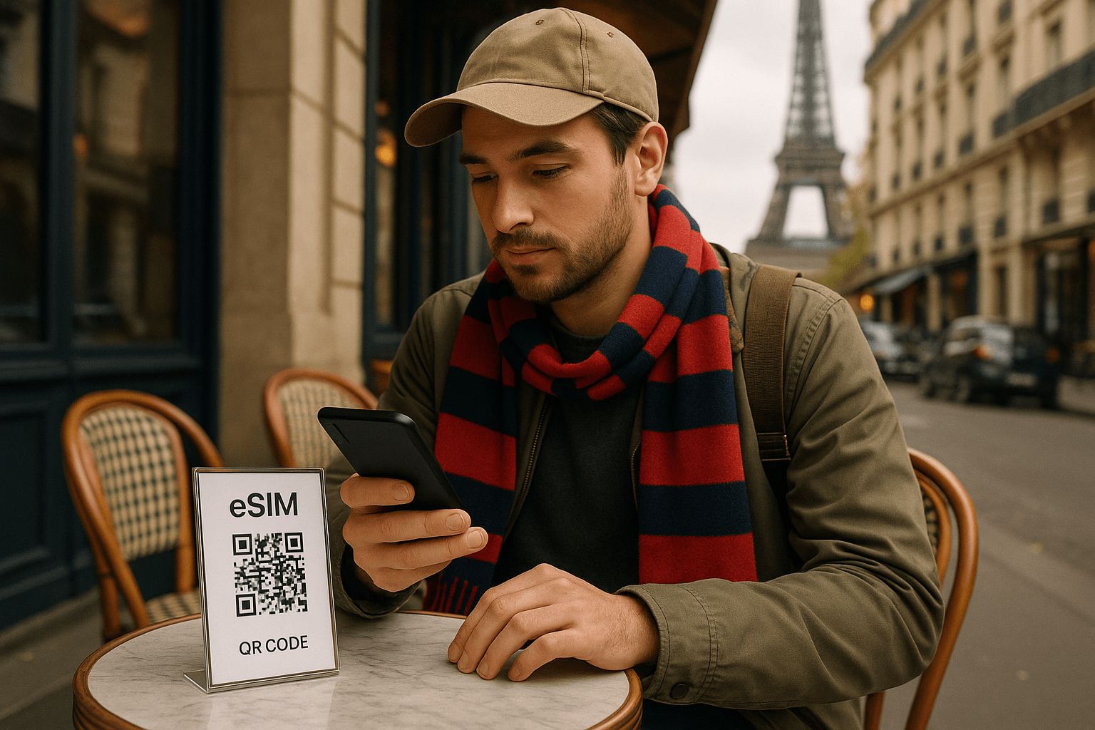 Traveler wearing a football scarf scanning an eSIM QR code