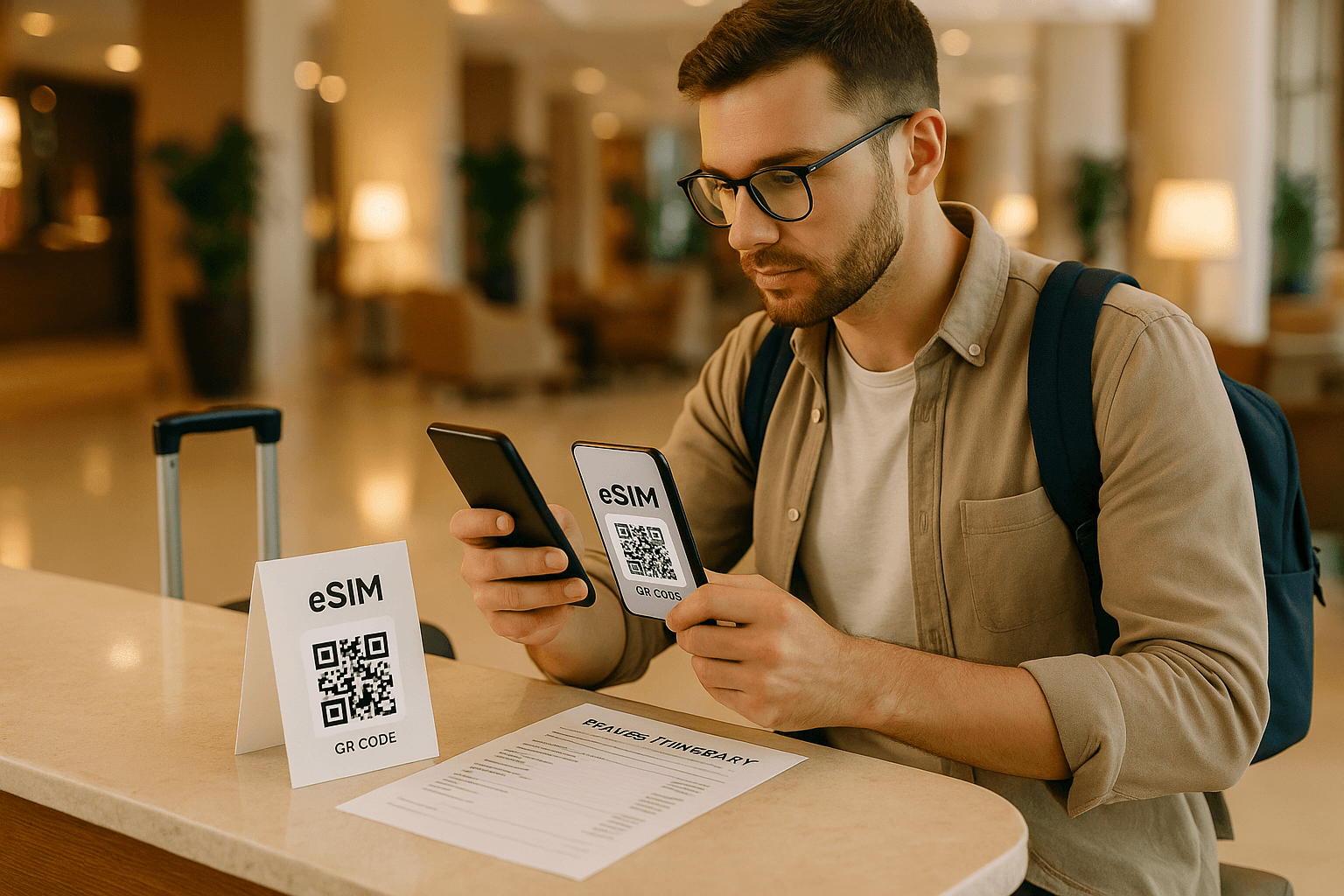 Traveler scanning an eSIM QR code 