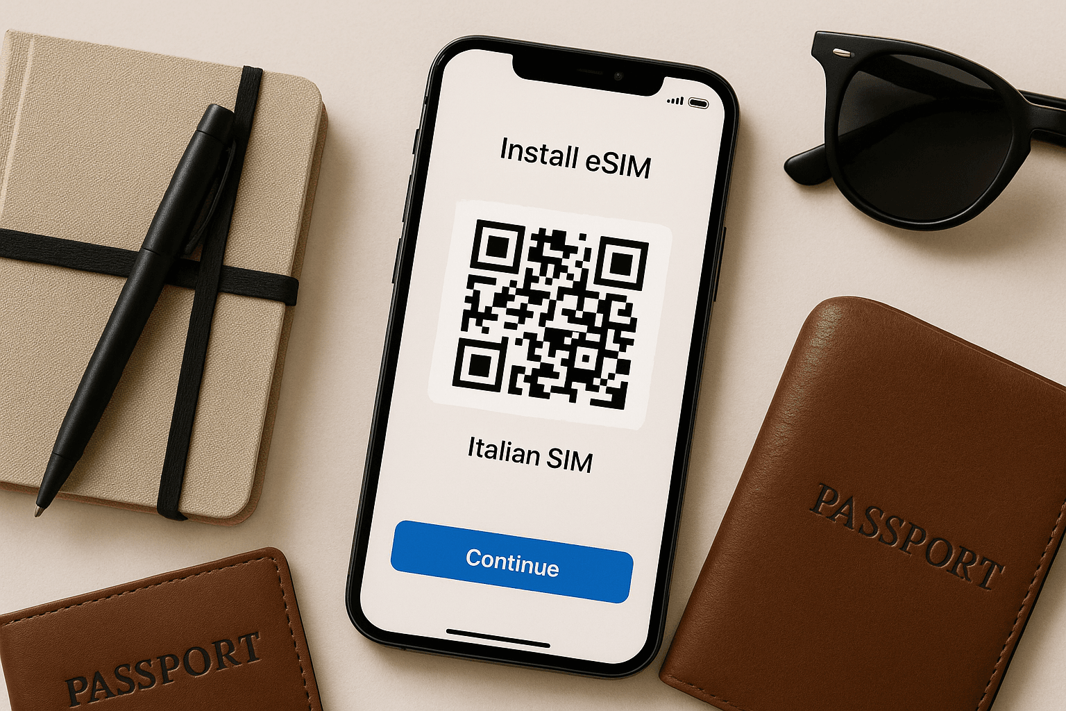 Close-up of a smartphone showing eSIM installation screen with an Italian SIM QR code; modern minimalist composition with travel essentials nearby