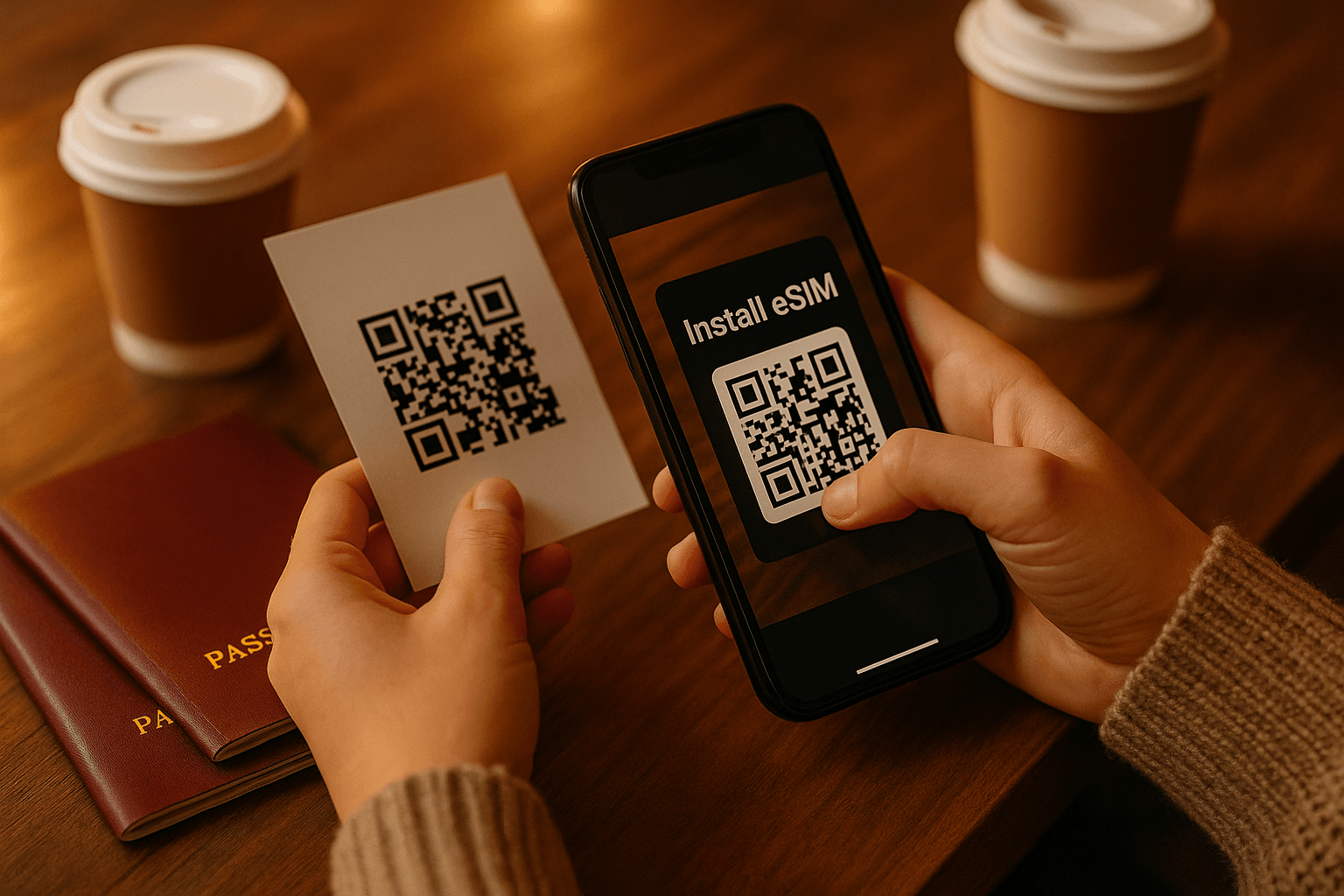 A close-up of a person scanning a QR code to install an eSIM, surrounded by travel items like passports and coffee cups; warm cozy indoor lighting