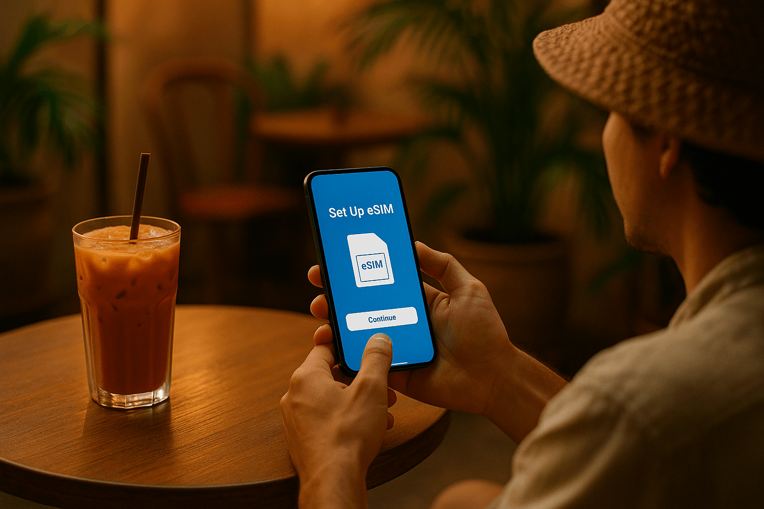 A traveler setting up an eSIM on a smartphone at a Bangkok café with Thai iced tea nearby; cozy indoor lighting and tropical vibe