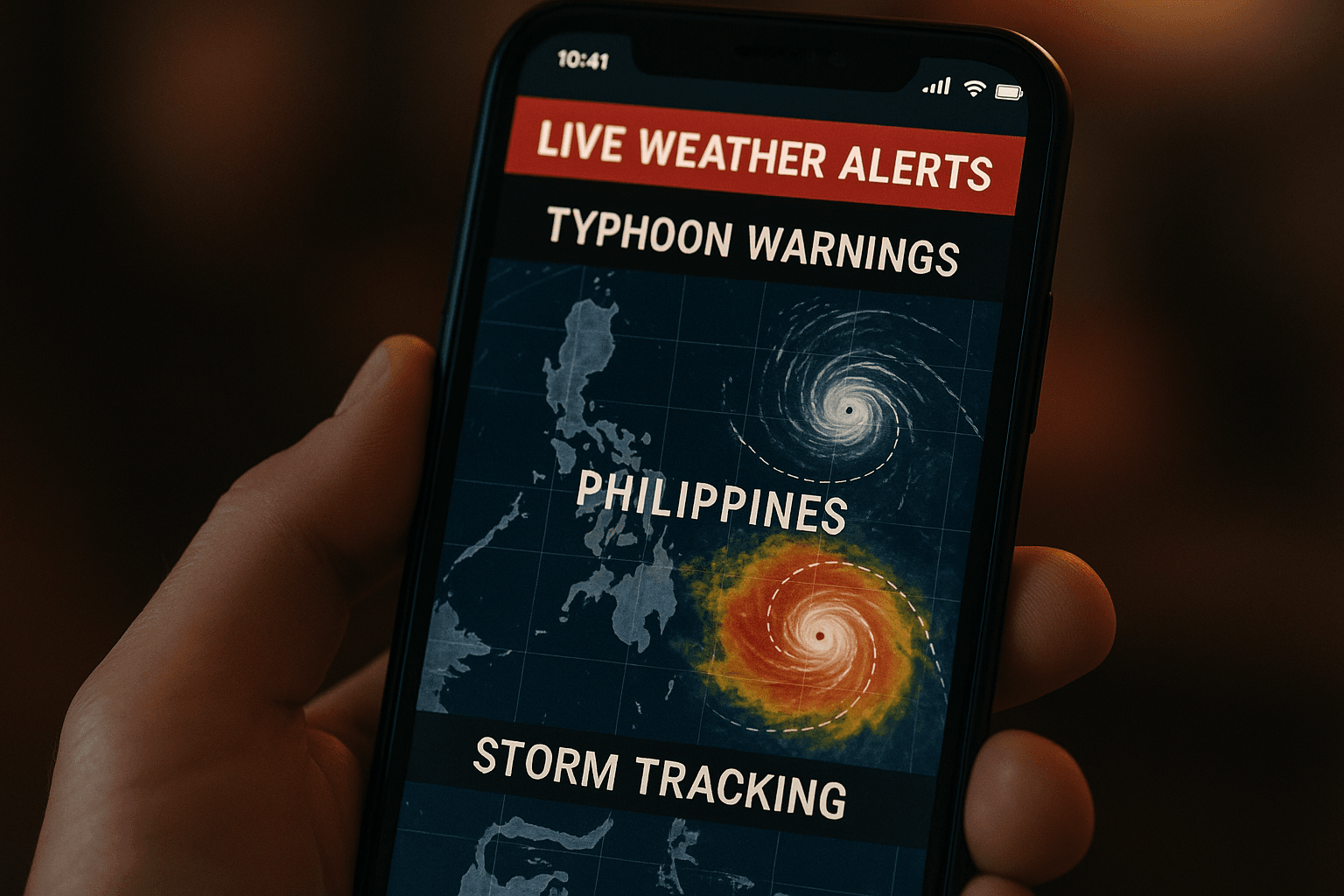 Close-up of a smartphone displaying live weather alerts for the Philippines, showing storm tracking maps during typhoon season; realistic lighting and emergency context