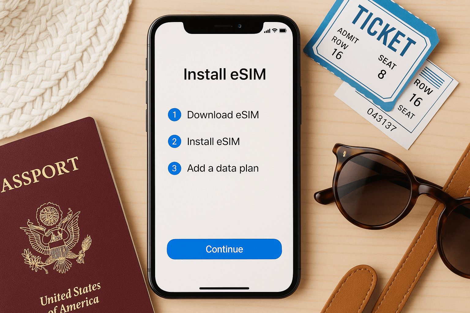 Close-up of a smartphone screen showing eSIM installation steps, surrounded by travel essentials like passport, event tickets, and accessories; bright and polished setup scene