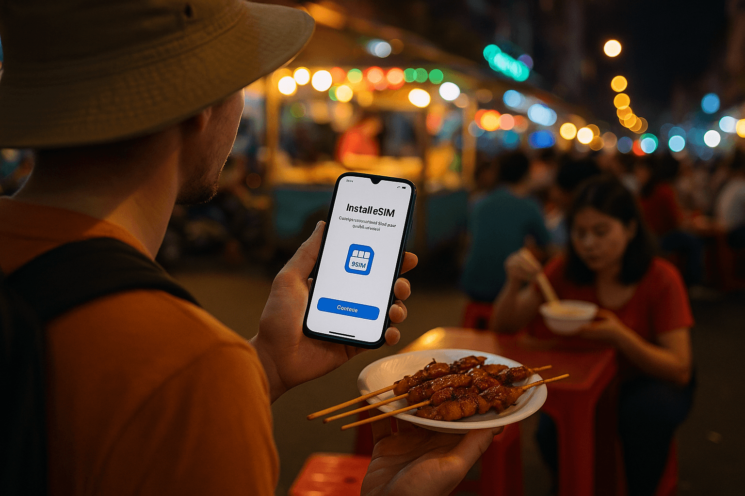 Traveler holding a smartphone with an eSIM installation screen while enjoying Cambodian street food in Phnom Penh; vibrant evening market lighting