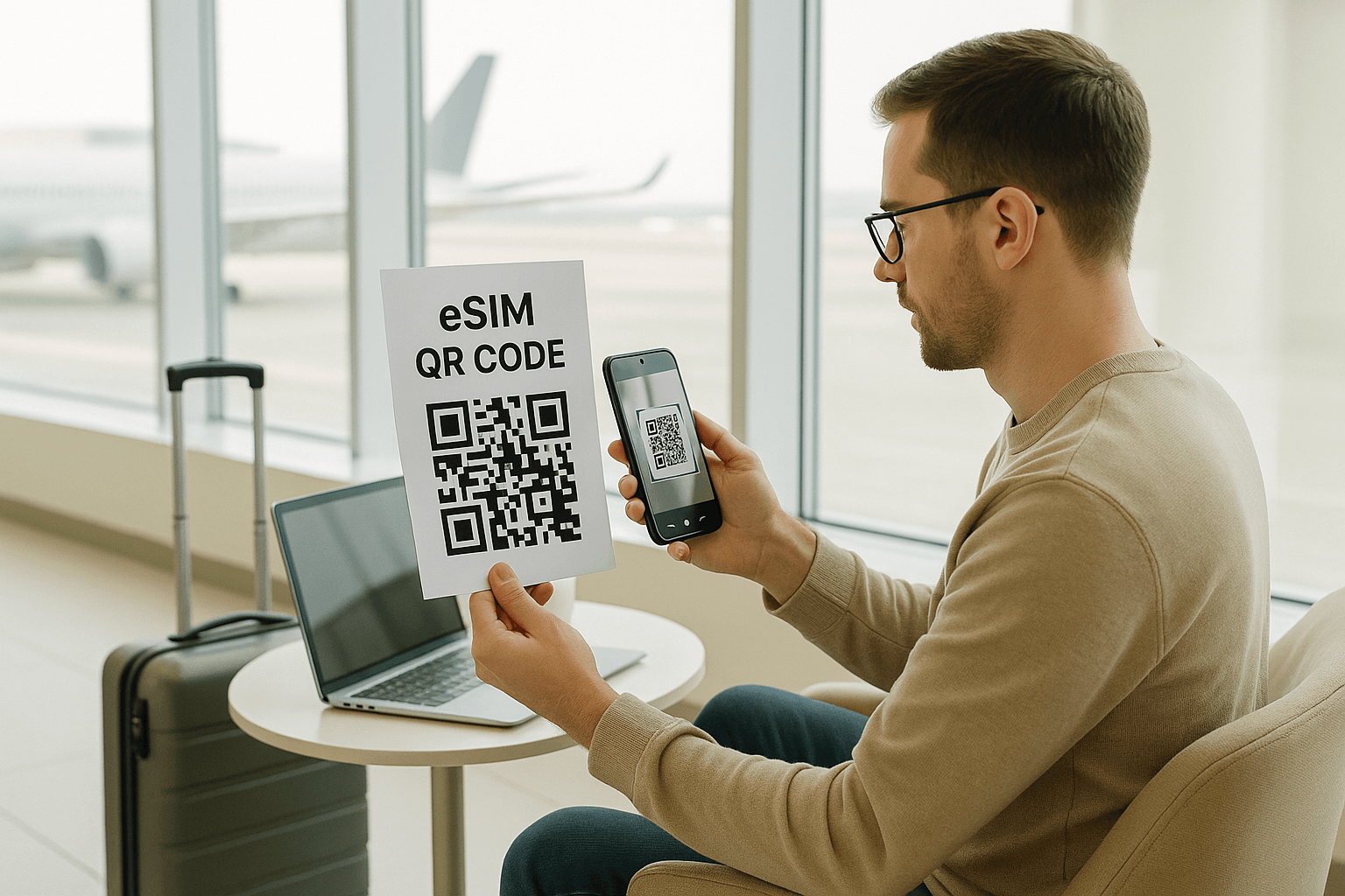 Traveler scanning an eSIM QR code in Changi Airport lounge before a flight to Tokyo; bright minimalist design emphasizing tech convenience