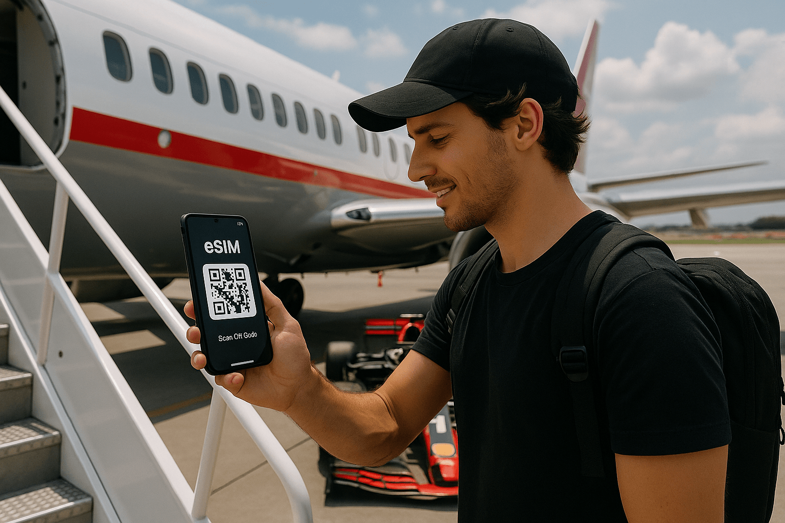Traveler scanning an eSIM QR code while boarding a plane for an F1 weekend abroad; sleek travel vibe with global sports atmosphere