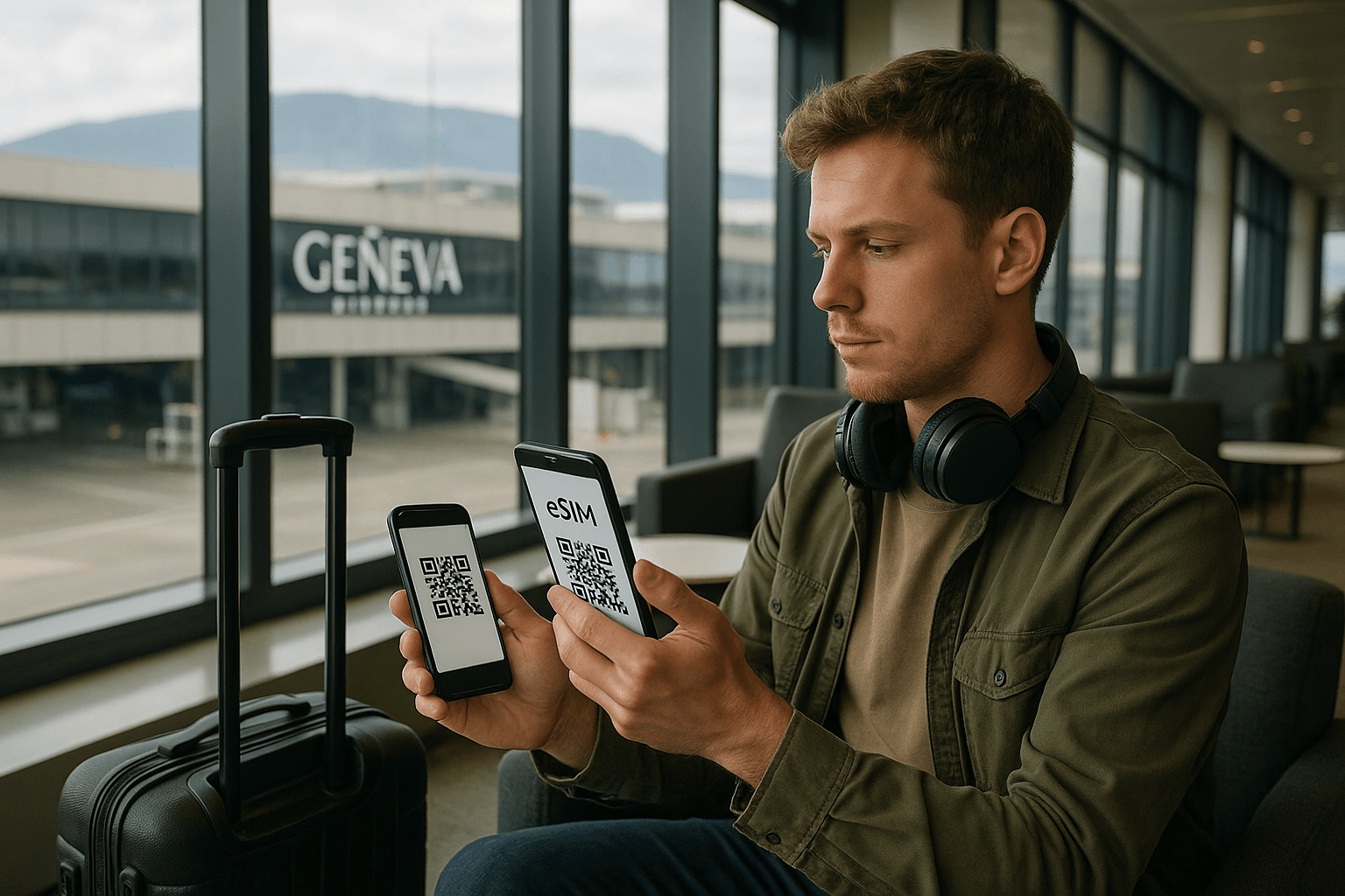 Traveler scanning eSIM QR code on smartphone while waiting at Geneva Airport lounge, modern tech lifestyle scene before city exploration