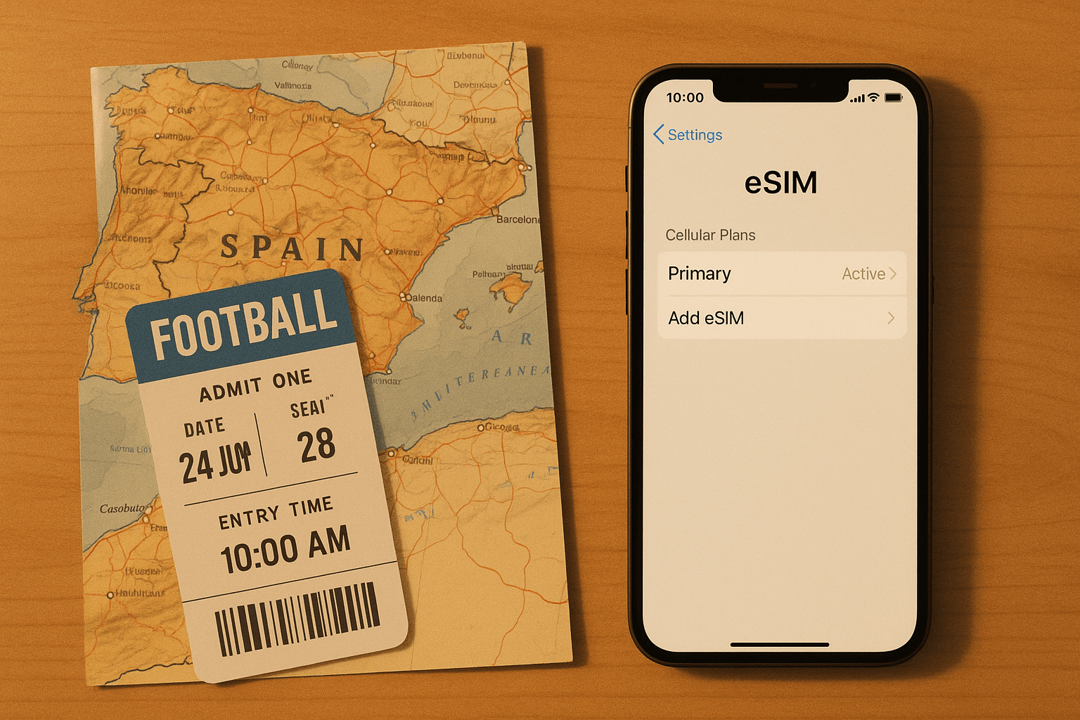 Image prompt: A clean flat-lay shot of a smartphone displaying eSIM settings next to a football ticket and a travel map of Spain, warm lighting, practical and informative mood.