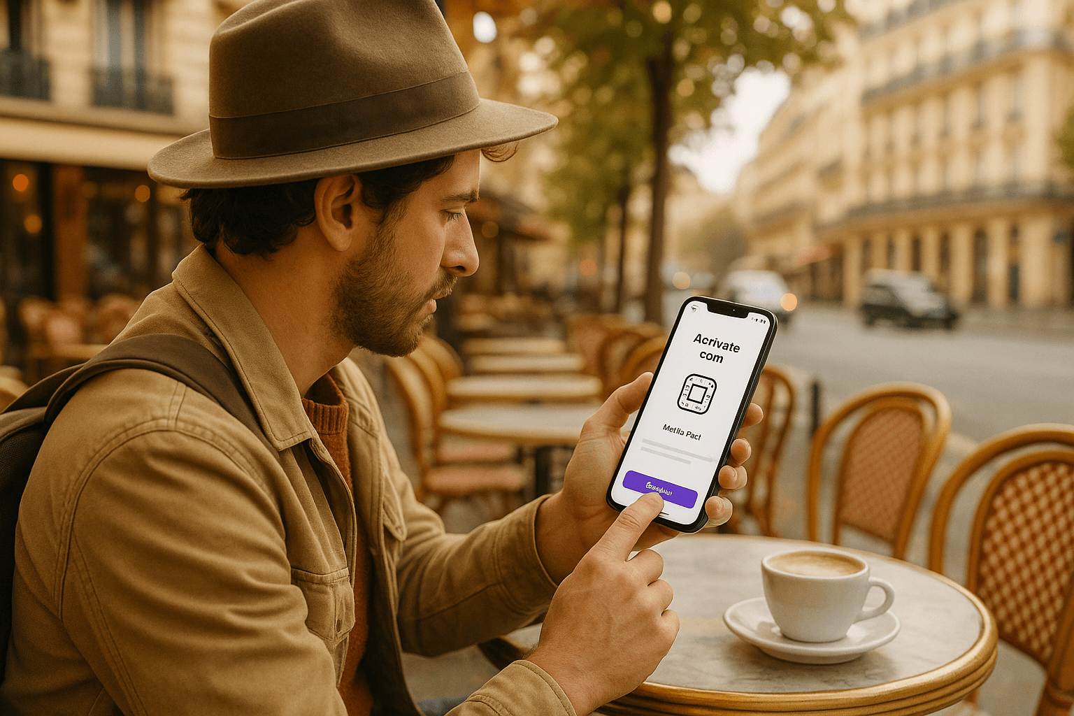 Traveler sitting at a café terrace in Paris
