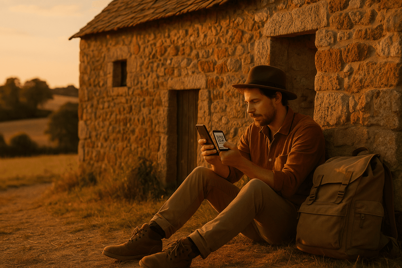 Traveler sitting beside a stone farmhouse in Mayenne