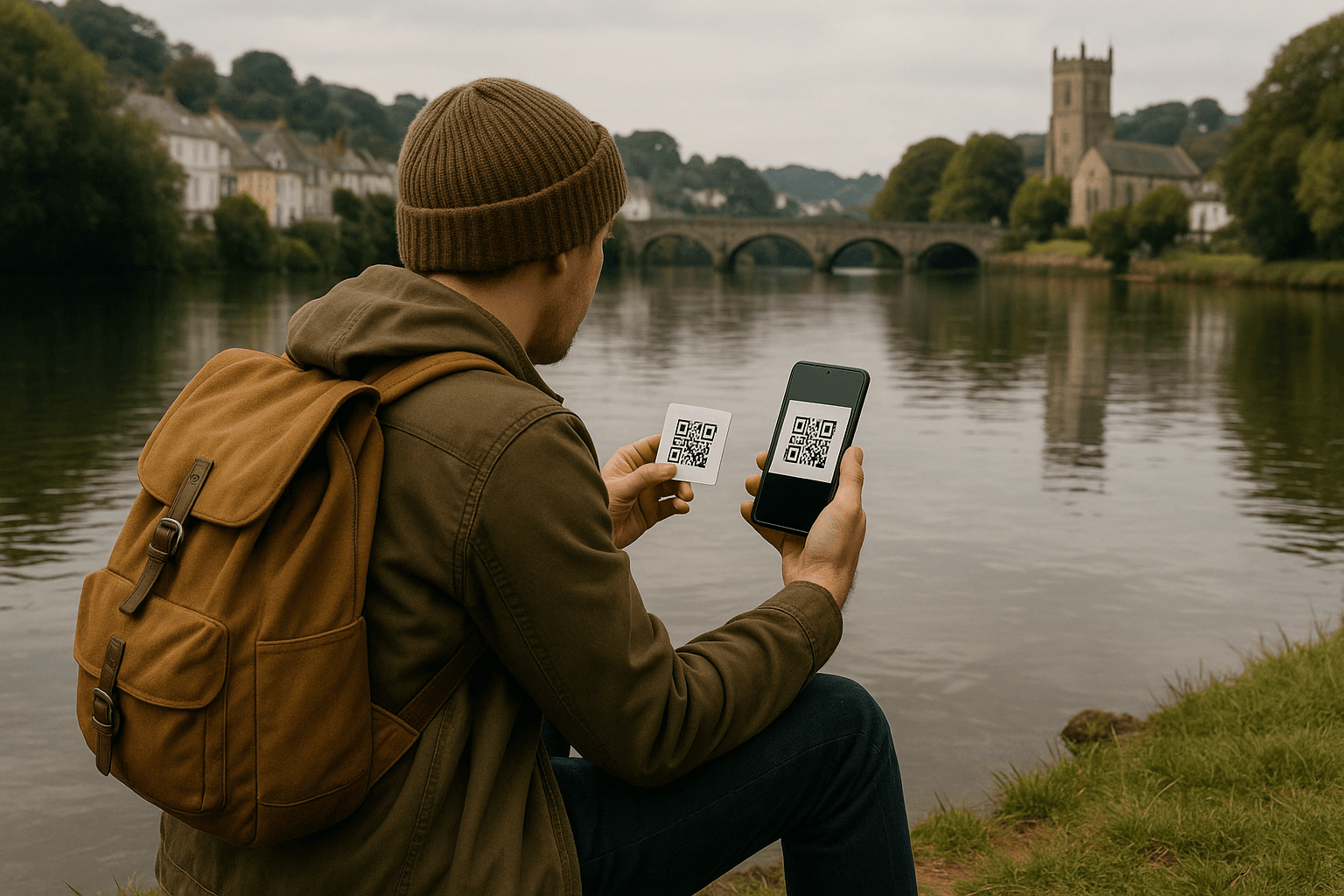Traveler sitting beside River Dart near Totnes