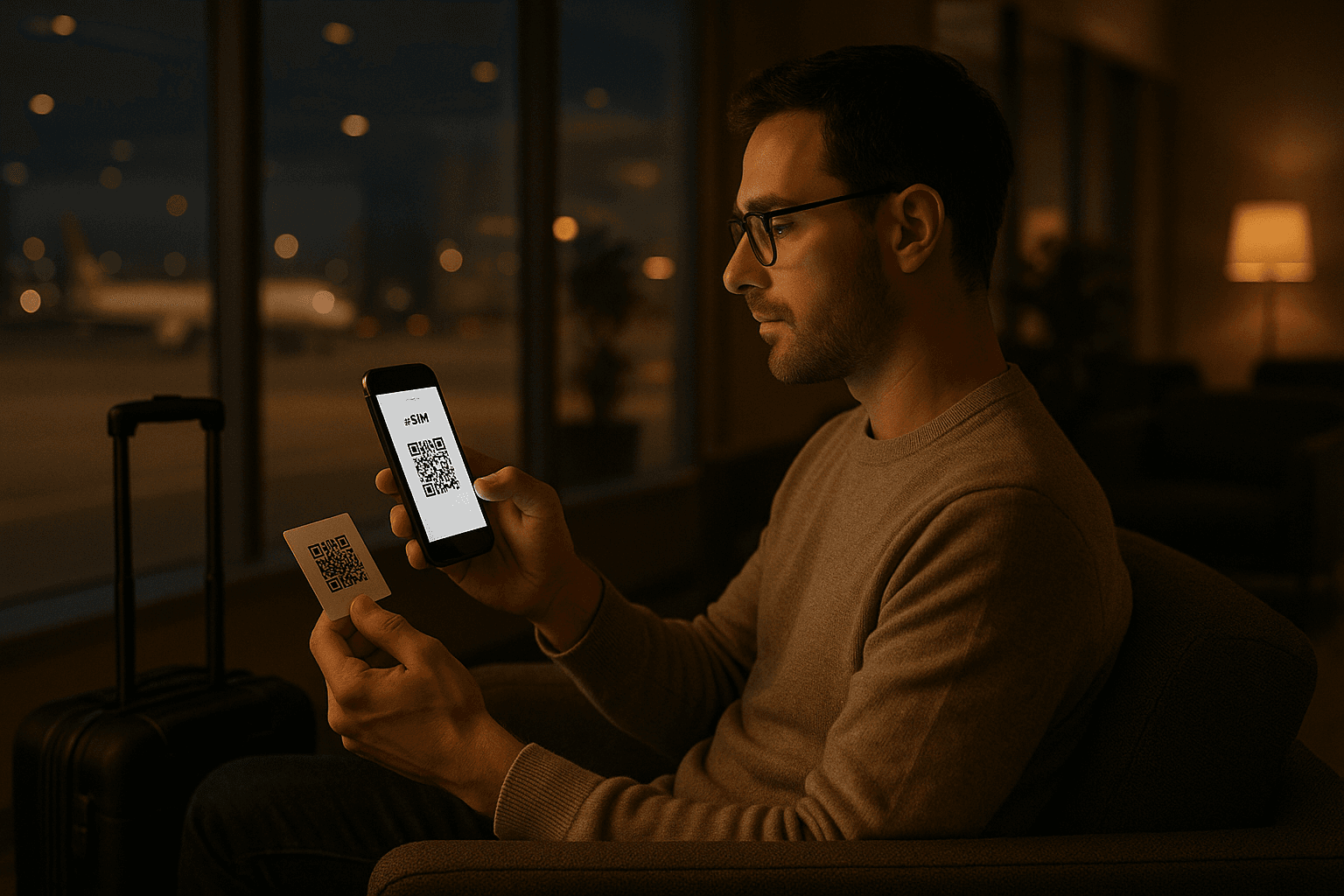 Passenger sitting in an airport lounge scanning a QR
