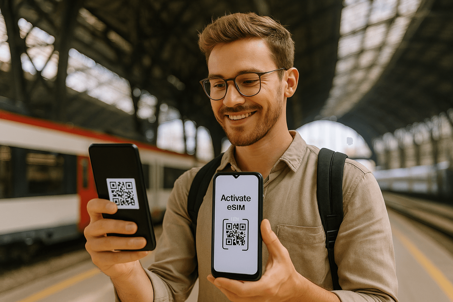 Traveler at a train station abroad activating an eSIM